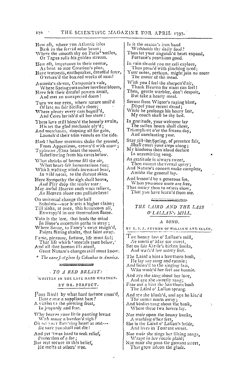 The Freemasons' Magazine: 1797-04-01 - To A Red Breast: