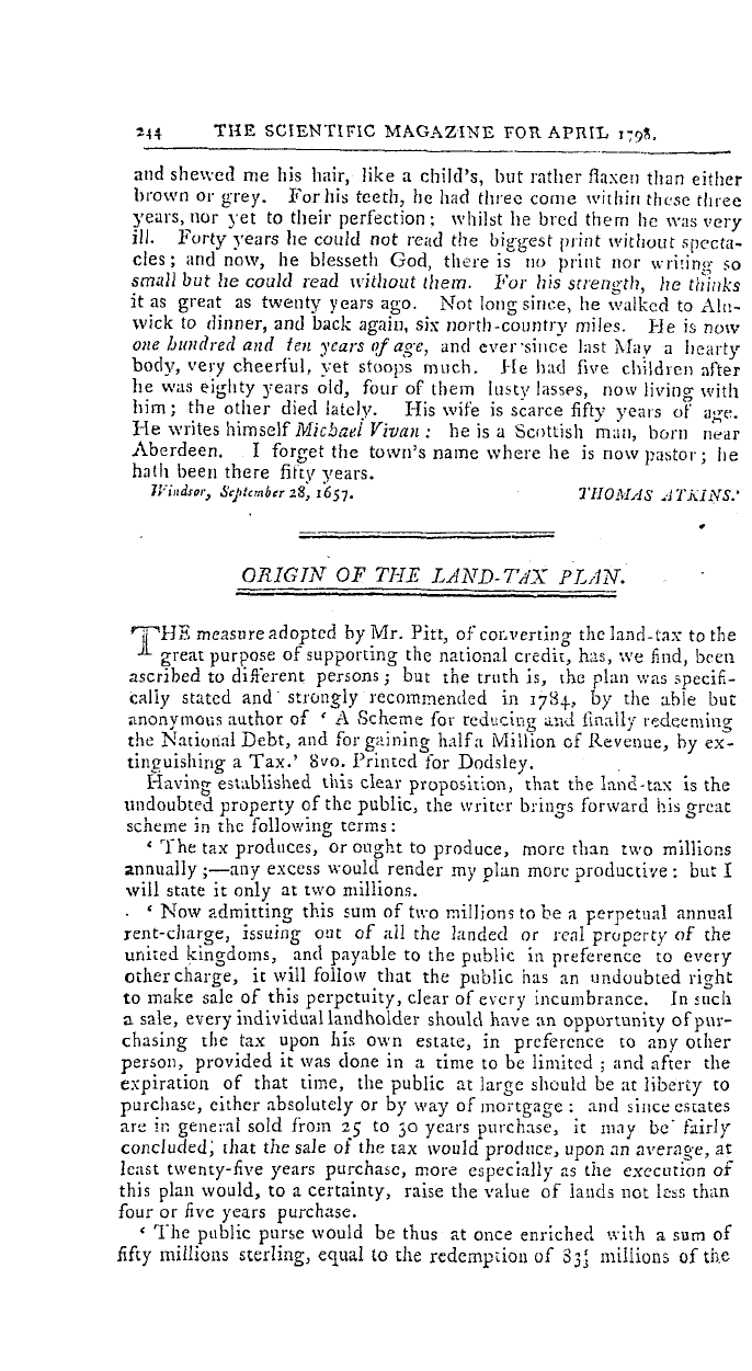 The Freemasons' Magazine: 1798-04-01 - Origin Of The Land-Tax Plan.