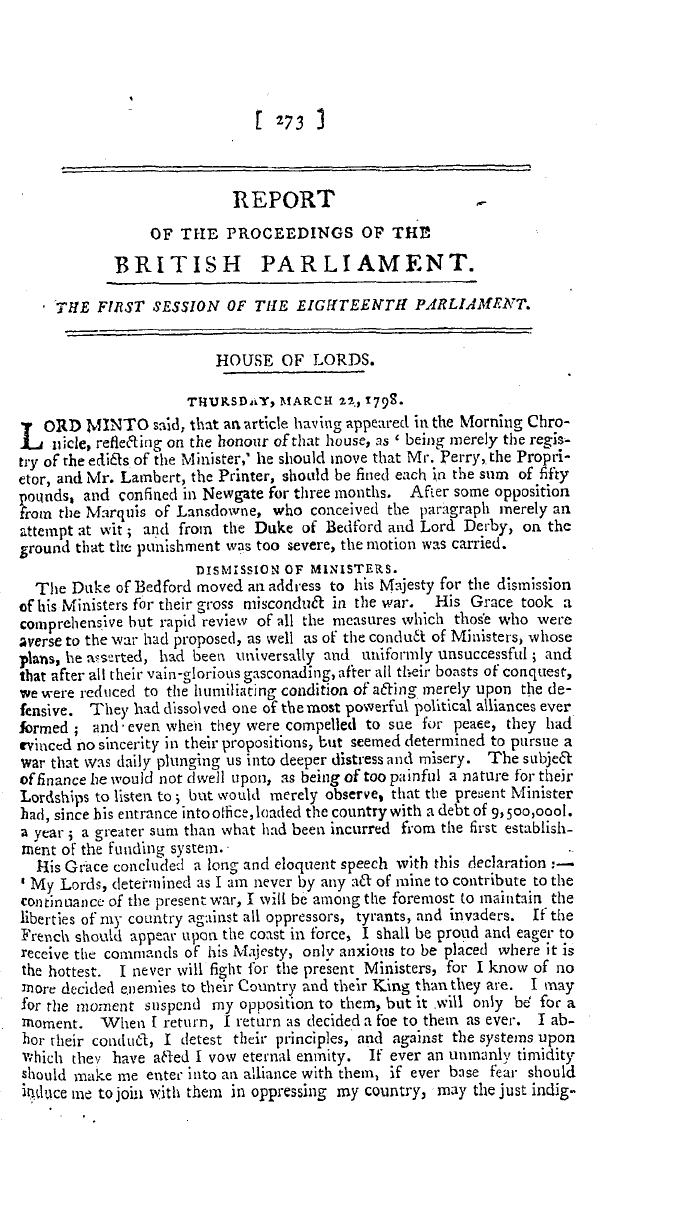 The Freemasons' Magazine: 1798-04-01 - Report Of The Proceedings Of The British Parliament.