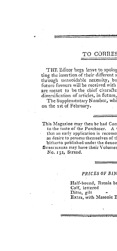 The Freemasons' Magazine: 1798-12-01 - To Correspondents, &C.