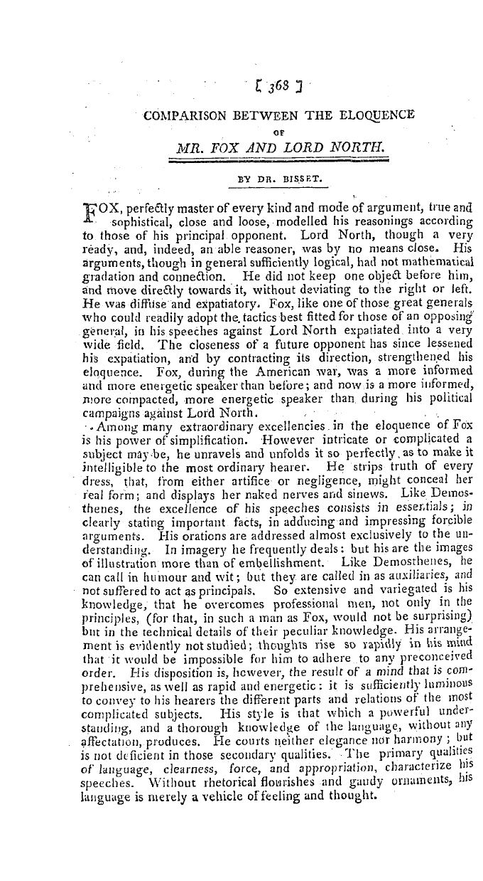 The Freemasons' Magazine: 1798-12-01 - Comparison Between The Eloquence Of Mr. Fox And Lord North.