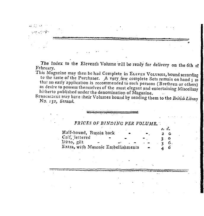 The Freemasons' Magazine: 1798-12-01 - Prices Of Binding Per Volume.