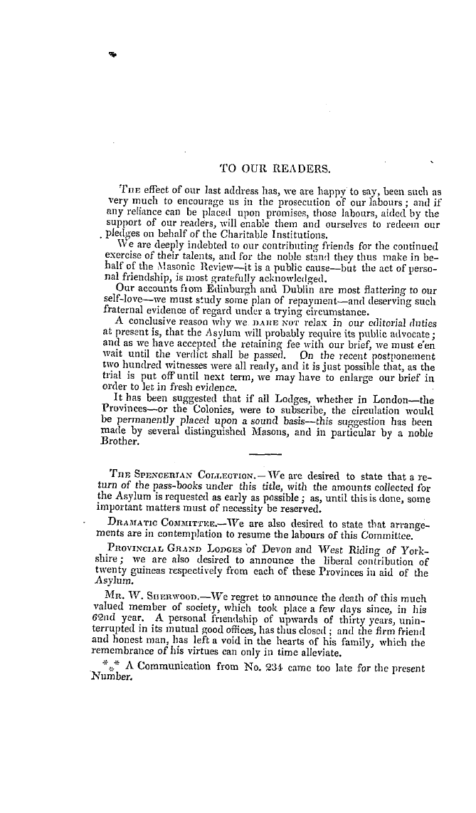 The Freemasons' Quarterly Review: 1837-09-30 - To Our Readers.