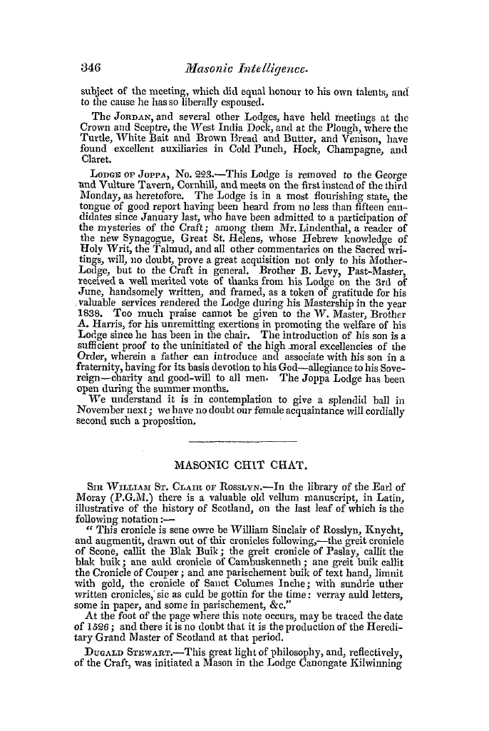 The Freemasons' Quarterly Review: 1839-09-30 - Masonic Chit Chat.