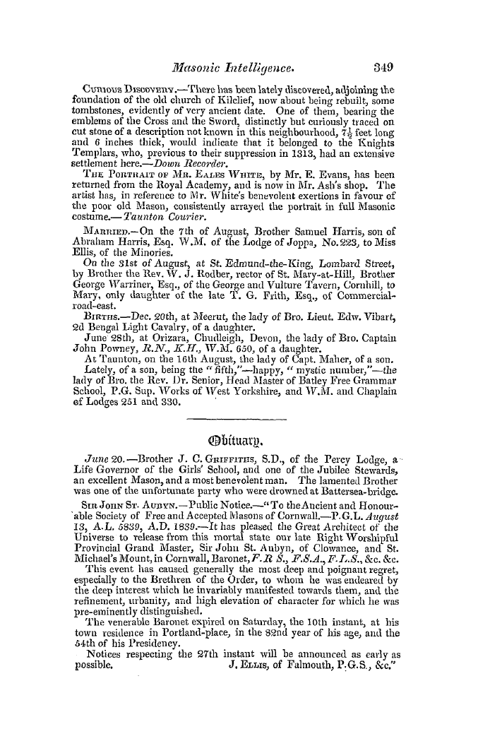 The Freemasons' Quarterly Review: 1839-09-30 - Masonic Chit Chat.