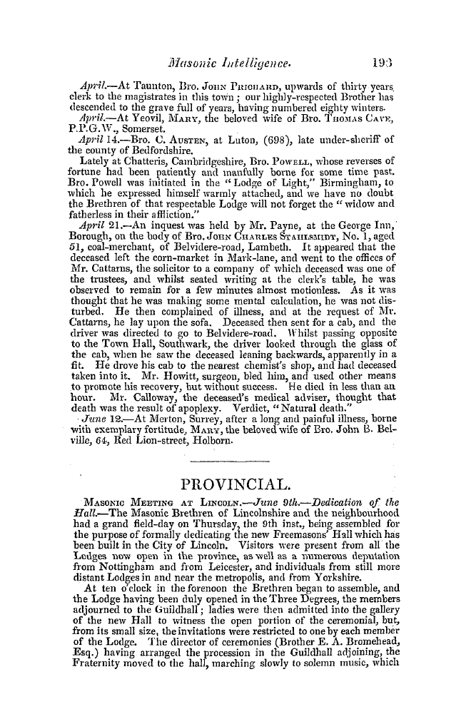 The Freemasons' Quarterly Review: 1842-06-30 - Obituary.