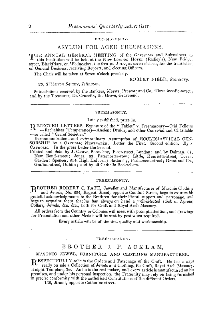 The Freemasons' Quarterly Review: 1845-06-30 - Freemasonry. "D Bother Robert C. Tate, J...