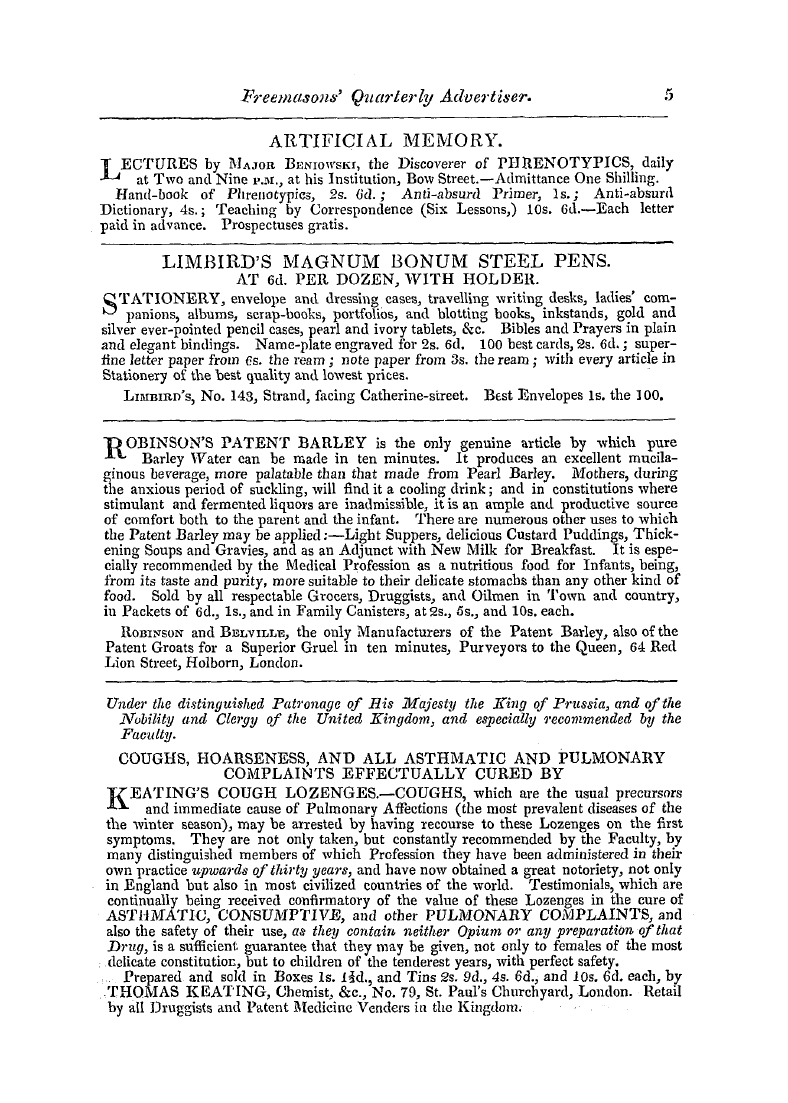 The Freemasons' Quarterly Review: 1845-09-30 - Artificial Memory. Lectures By Major Ben...