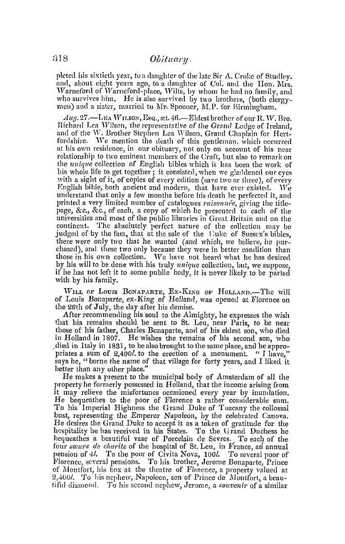 The Freemasons' Quarterly Review: 1846-09-30 - Obituary.