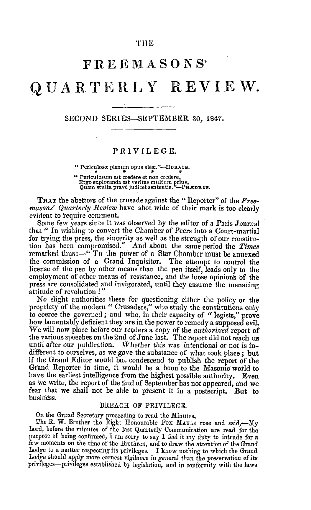 The Freemasons' Quarterly Review: 1847-09-30 - The Freemasons' Quarterly Review.