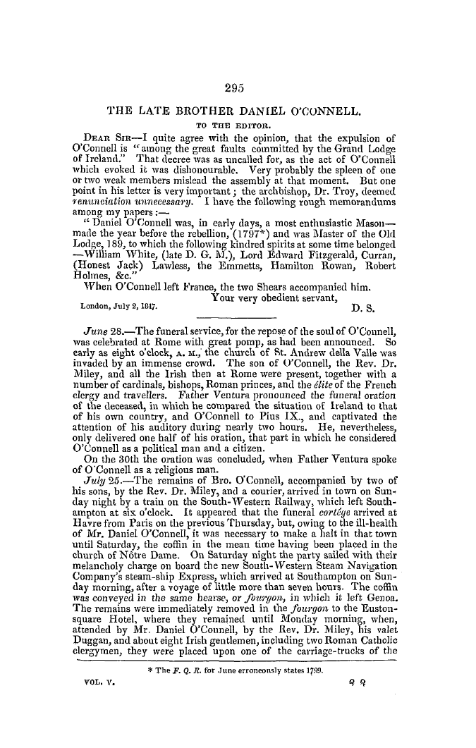 The Freemasons' Quarterly Review: 1847-09-30 - The Late Brother Daniel O'Connell.