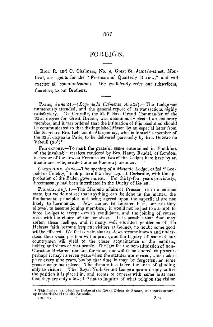 The Freemasons' Quarterly Review: 1847-09-30 - Foreign.