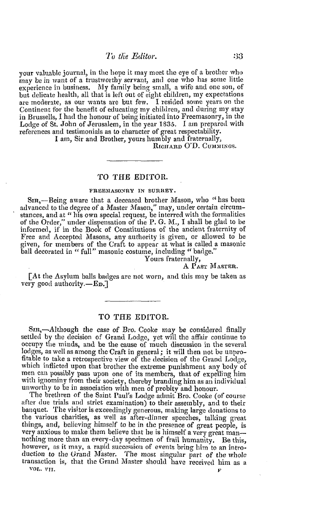 The Freemasons' Quarterly Review: 1849-03-31 - To The Editor.