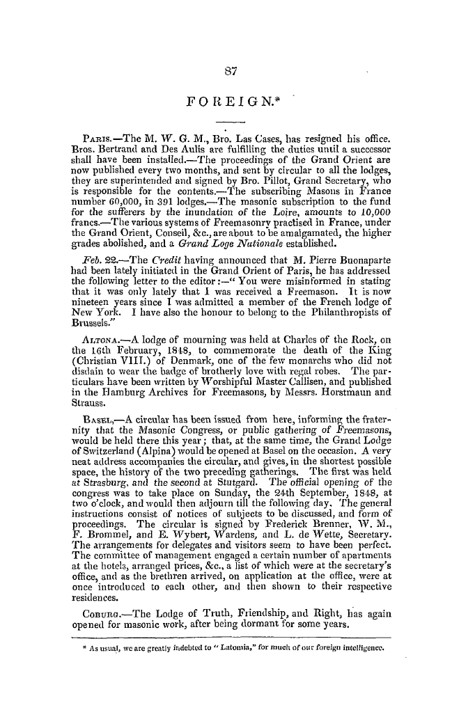 The Freemasons' Quarterly Review: 1849-03-31 - Foreign.*