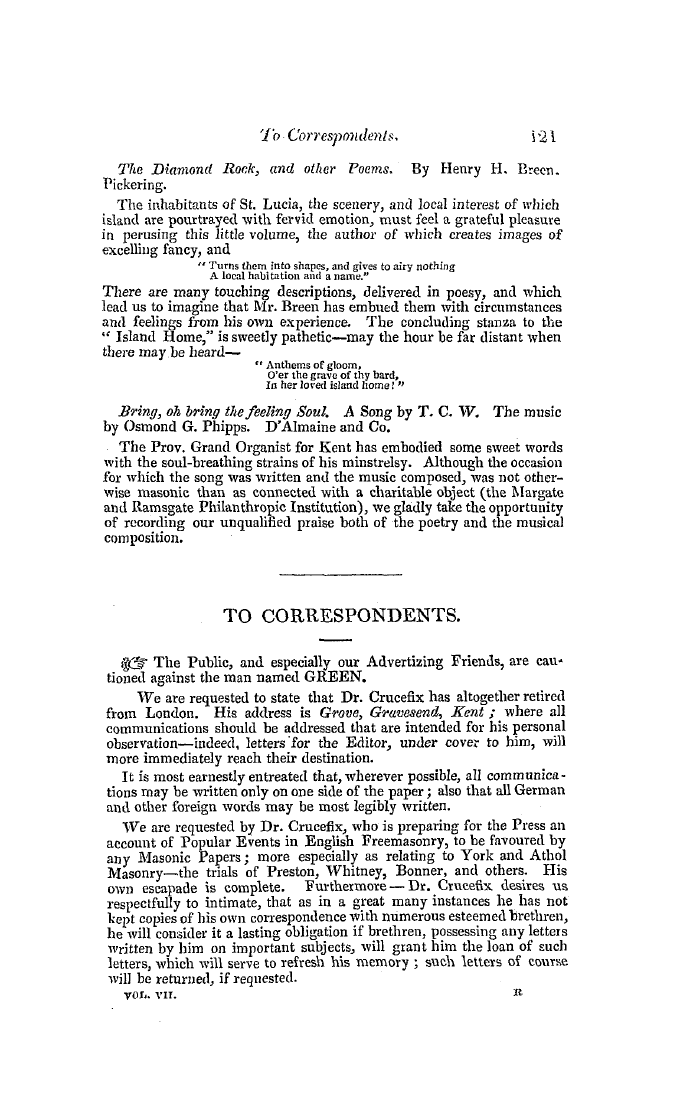The Freemasons' Quarterly Review: 1849-03-31 - To Correspondents.