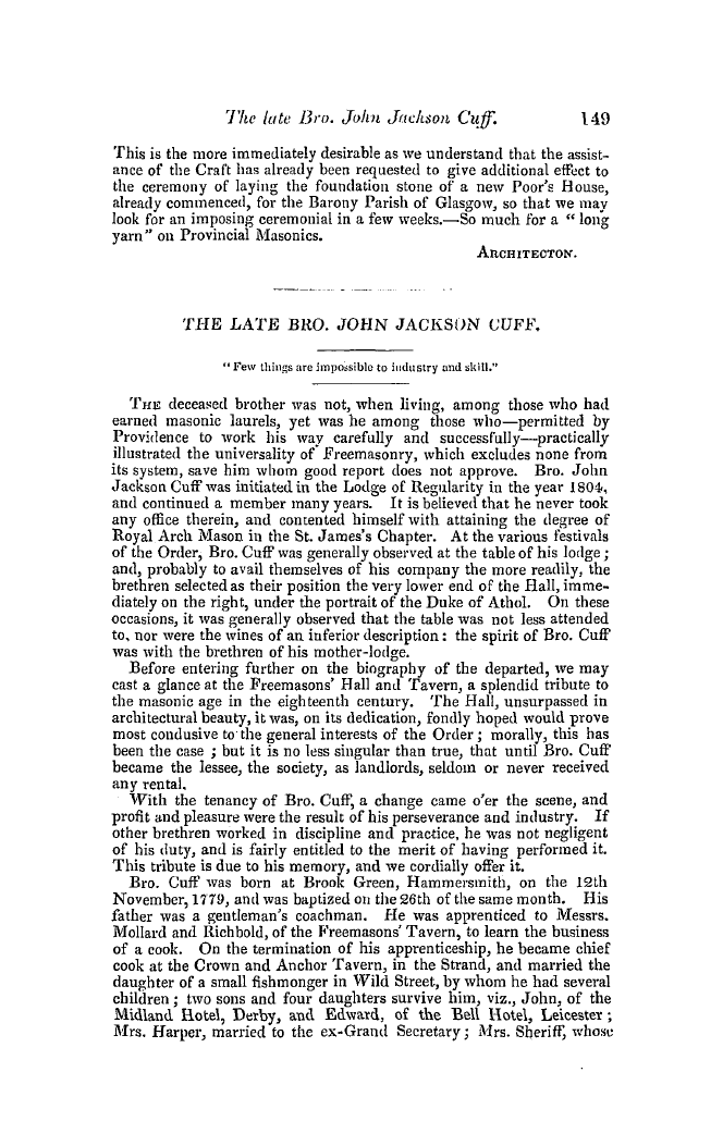 The Freemasons' Quarterly Review: 1849-06-30 - The Late Bro. John Jackson Cuff.