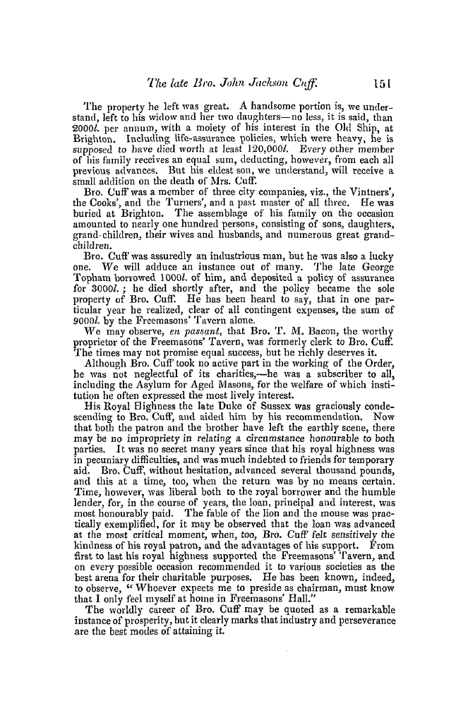 The Freemasons' Quarterly Review: 1849-06-30 - The Late Bro. John Jackson Cuff.