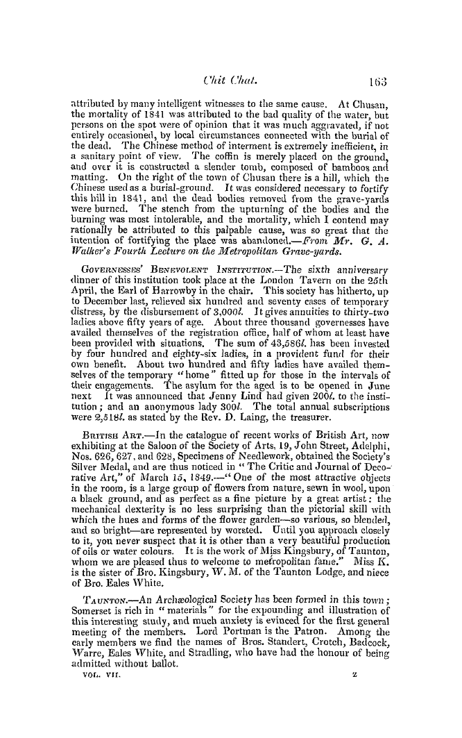 The Freemasons' Quarterly Review: 1849-06-30 - Chit Chat.