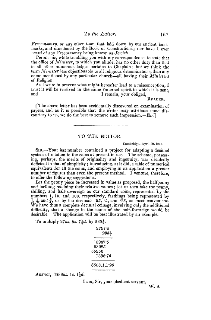 The Freemasons' Quarterly Review: 1849-06-30 - To The Editor.