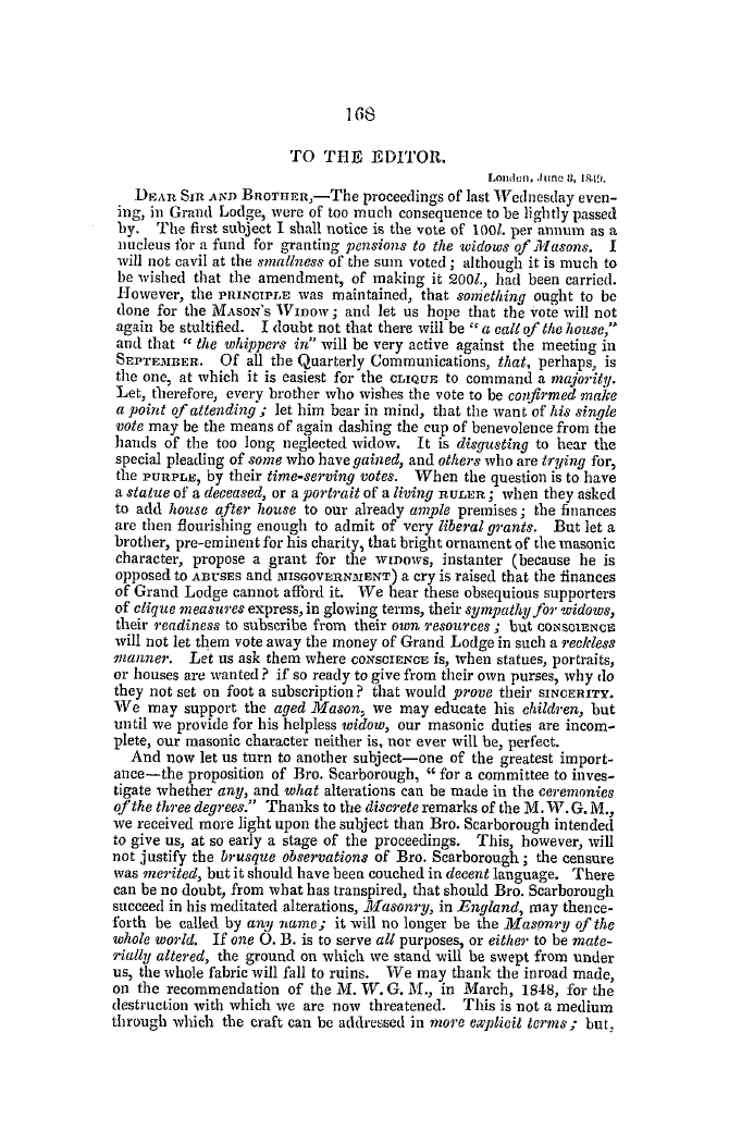 The Freemasons' Quarterly Review: 1849-06-30 - To The Editor.