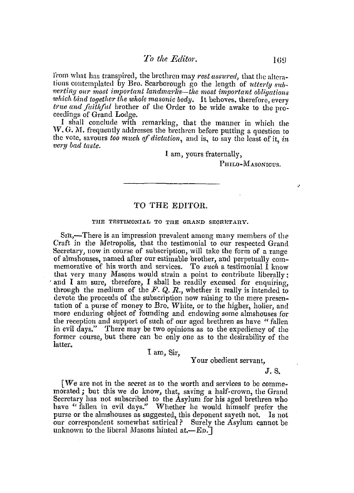 The Freemasons' Quarterly Review: 1849-06-30 - To The Editor.