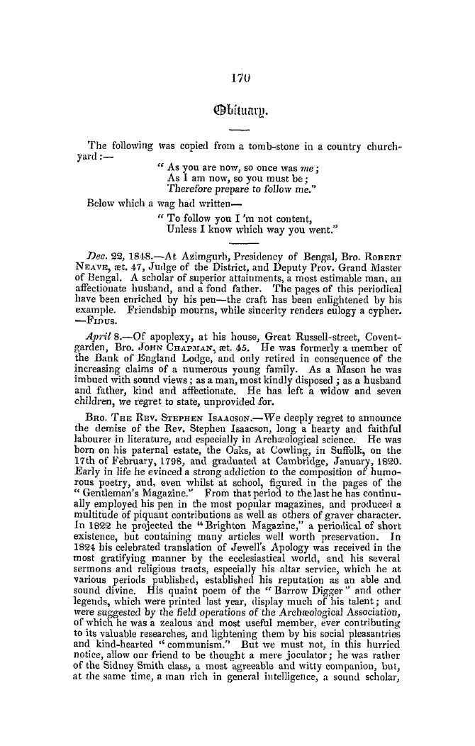 The Freemasons' Quarterly Review: 1849-06-30 - Obituary.