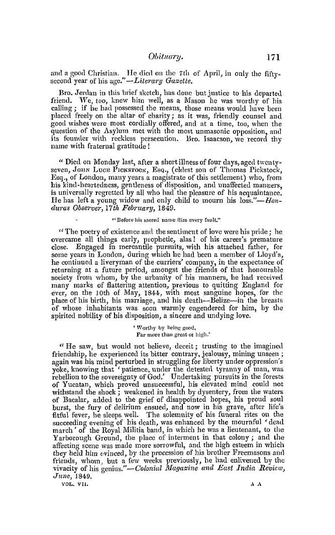 The Freemasons' Quarterly Review: 1849-06-30 - Obituary.