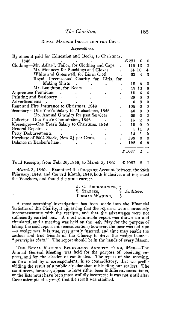 The Freemasons' Quarterly Review: 1849-06-30 - Royal Masonic Institution For Boys. Expenditure.