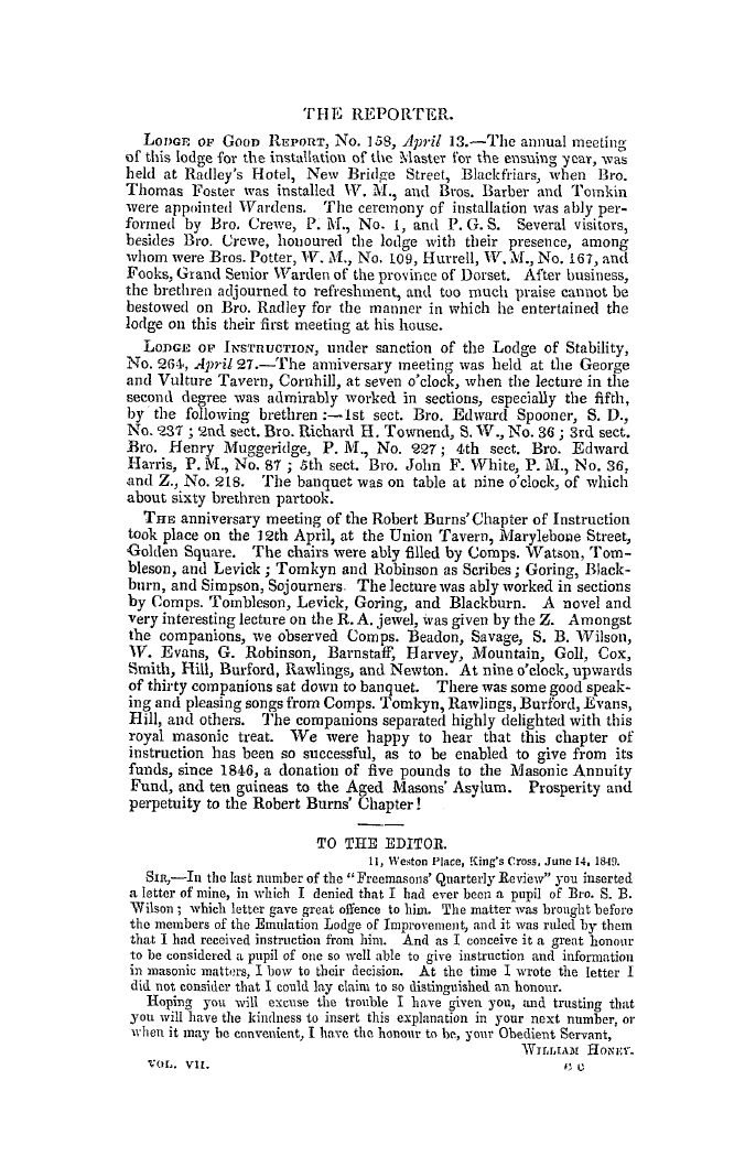 The Freemasons' Quarterly Review: 1849-06-30 - The Reporter.