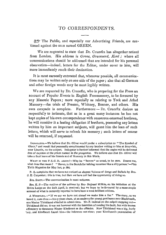 The Freemasons' Quarterly Review: 1849-06-30 - To Correspondents.