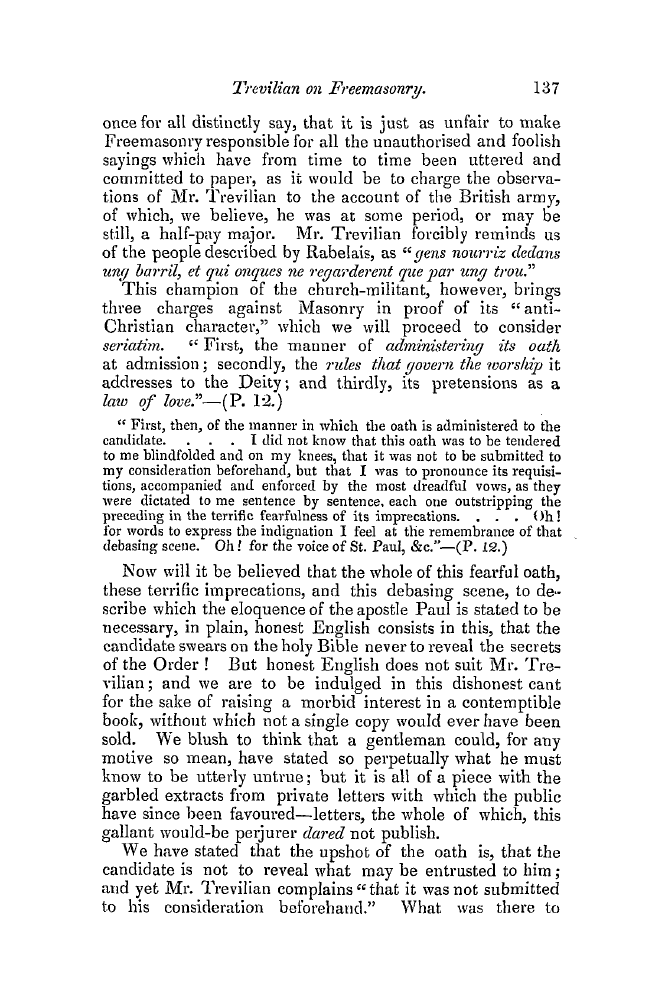 The Freemasons' Quarterly Review: 1850-06-29 - Trevilian On Freemasonry.