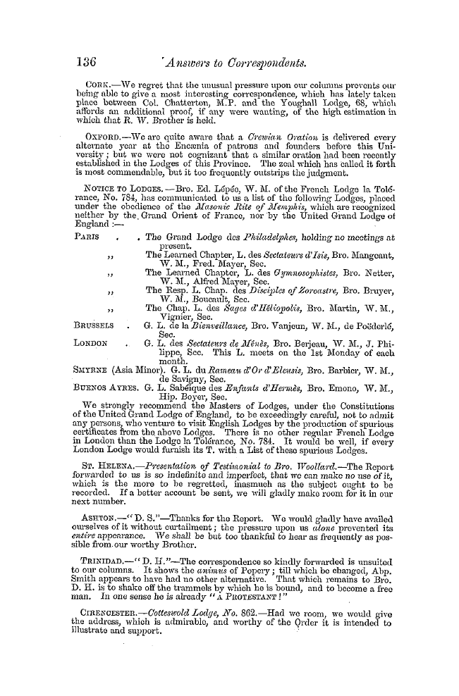 The Freemasons' Quarterly Review: 1852-03-31 - Answers To Correspondents.