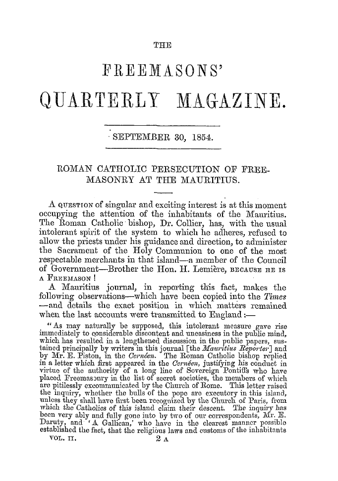 The Freemasons' Quarterly Review: 1854-09-30 - The Freemasons' Quarterly Magazine.