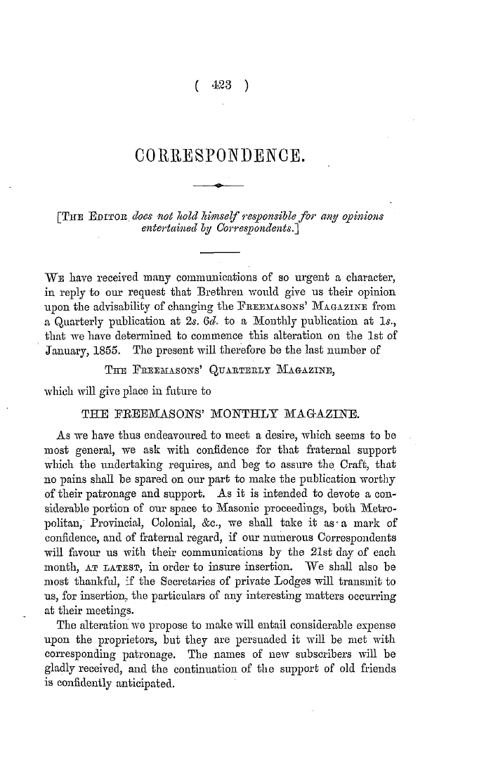 The Freemasons' Quarterly Review: 1854-09-30 - Correspondence.