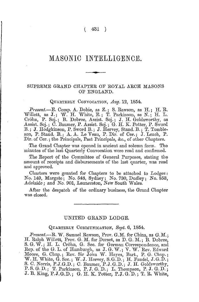 The Freemasons' Quarterly Review: 1854-09-30 - Masonic Intelligence.