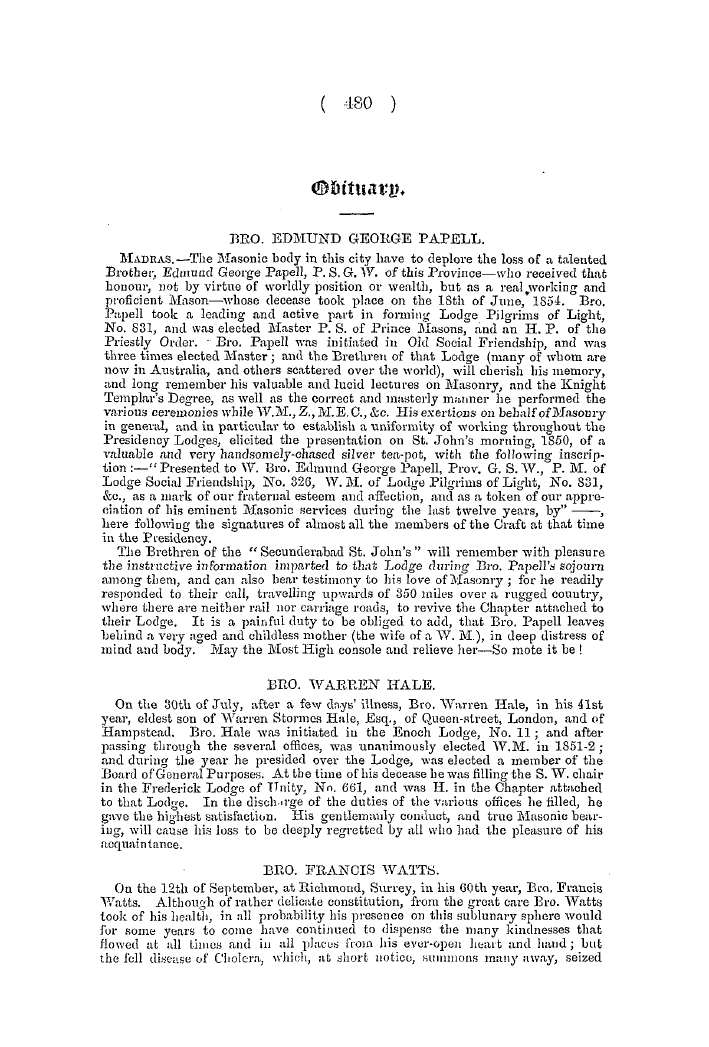 The Freemasons' Quarterly Review: 1854-09-30 - Obituary.