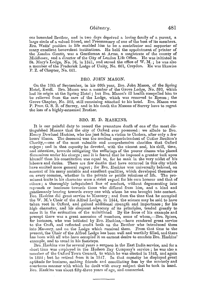 The Freemasons' Quarterly Review: 1854-09-30 - Obituary.