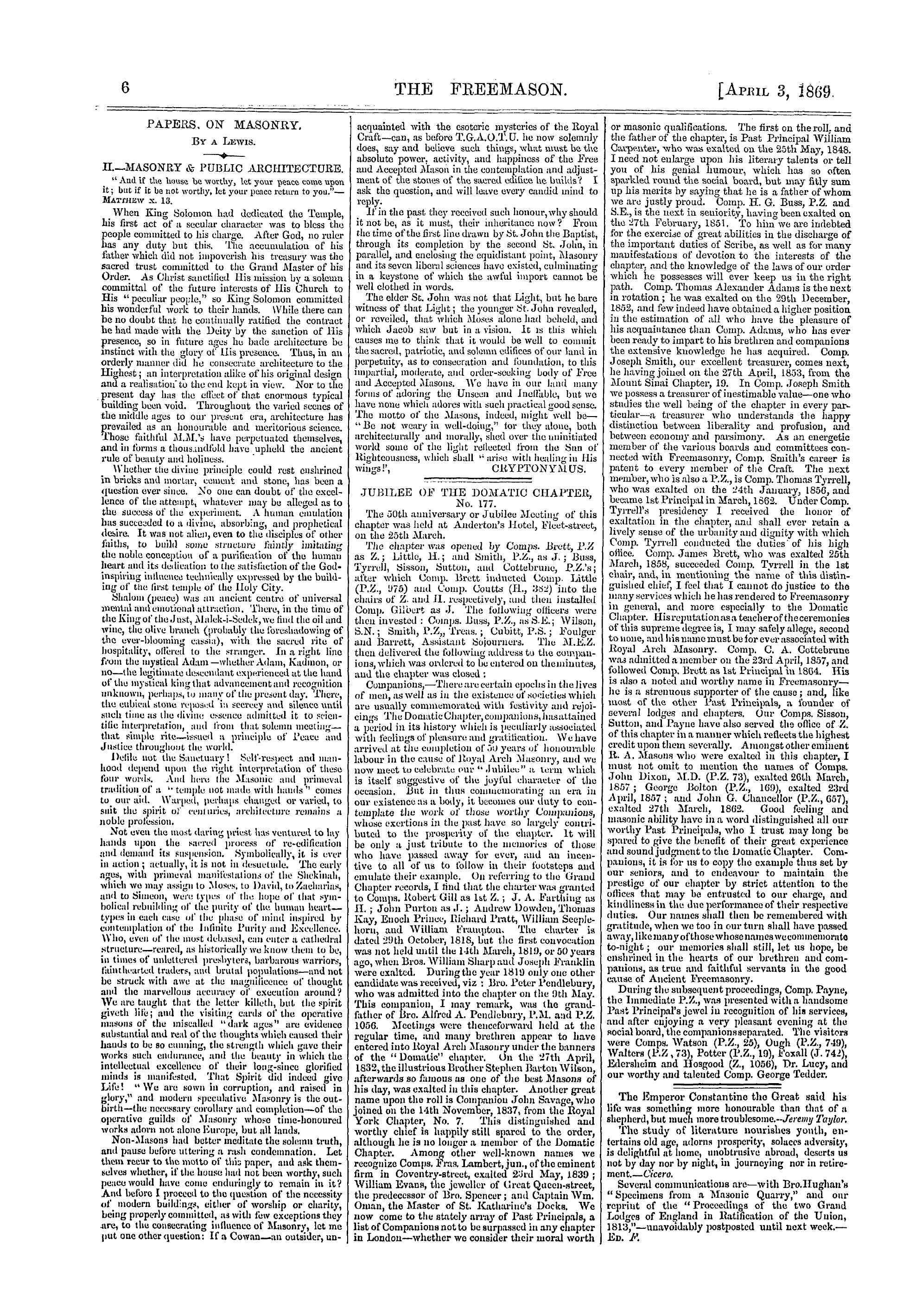 The Freemason: 1869-04-03 - Jubilee Of The Domatic Chapter, No. 177.