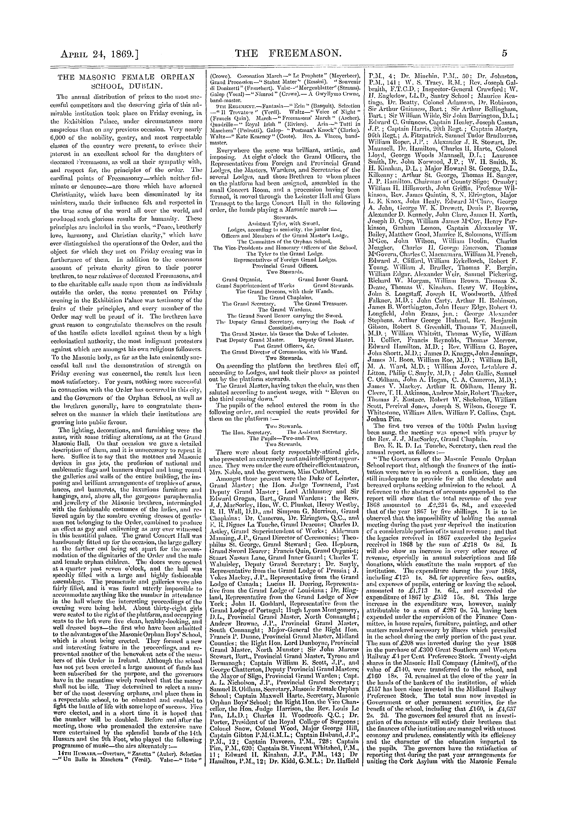 The Freemason: 1869-04-24 - The Masonic Female Orphan School, Dublin.