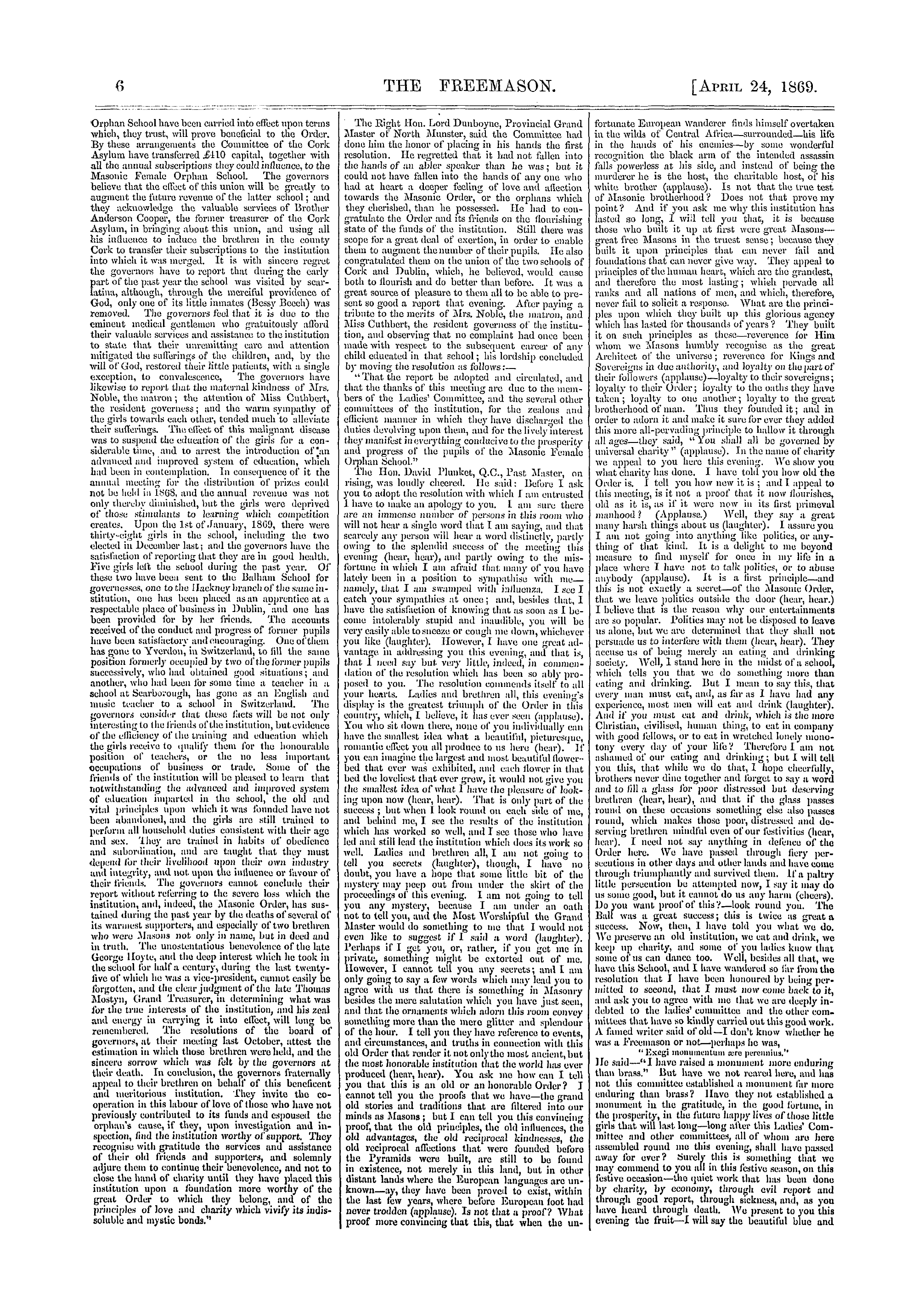 The Freemason: 1869-04-24 - The Masonic Female Orphan School, Dublin.