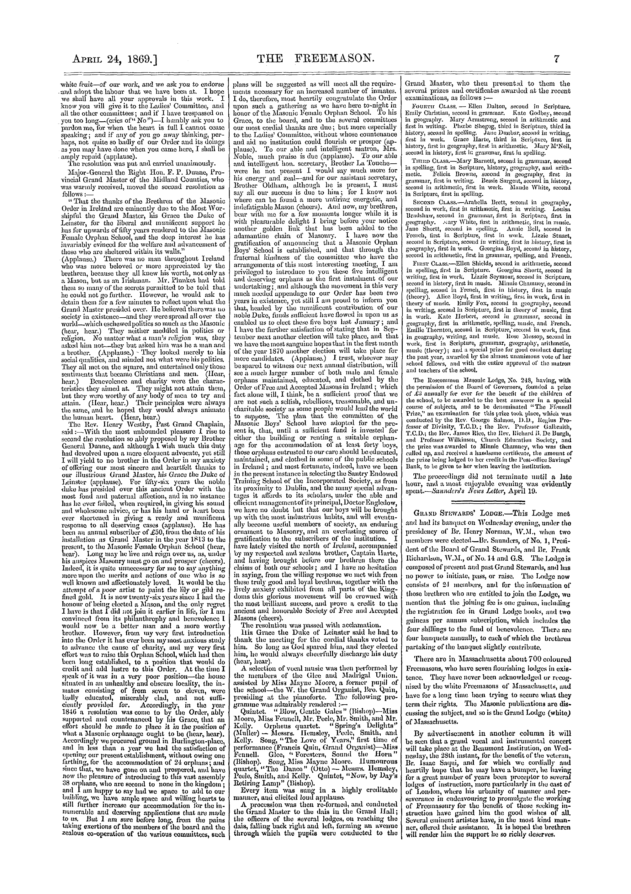 The Freemason: 1869-04-24 - The Masonic Female Orphan School, Dublin.