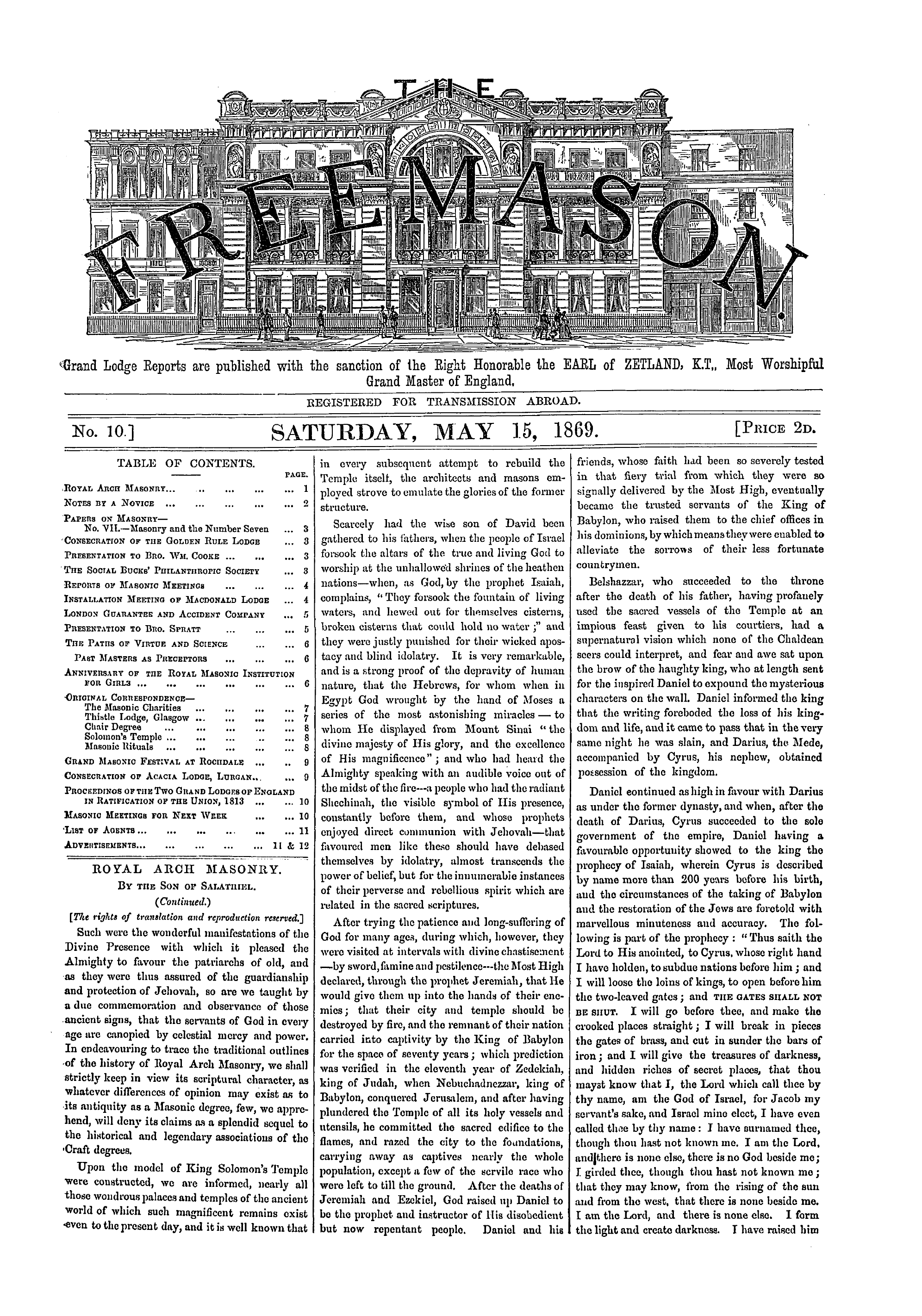 The Freemason: 1869-05-15 - Table Of Contents.