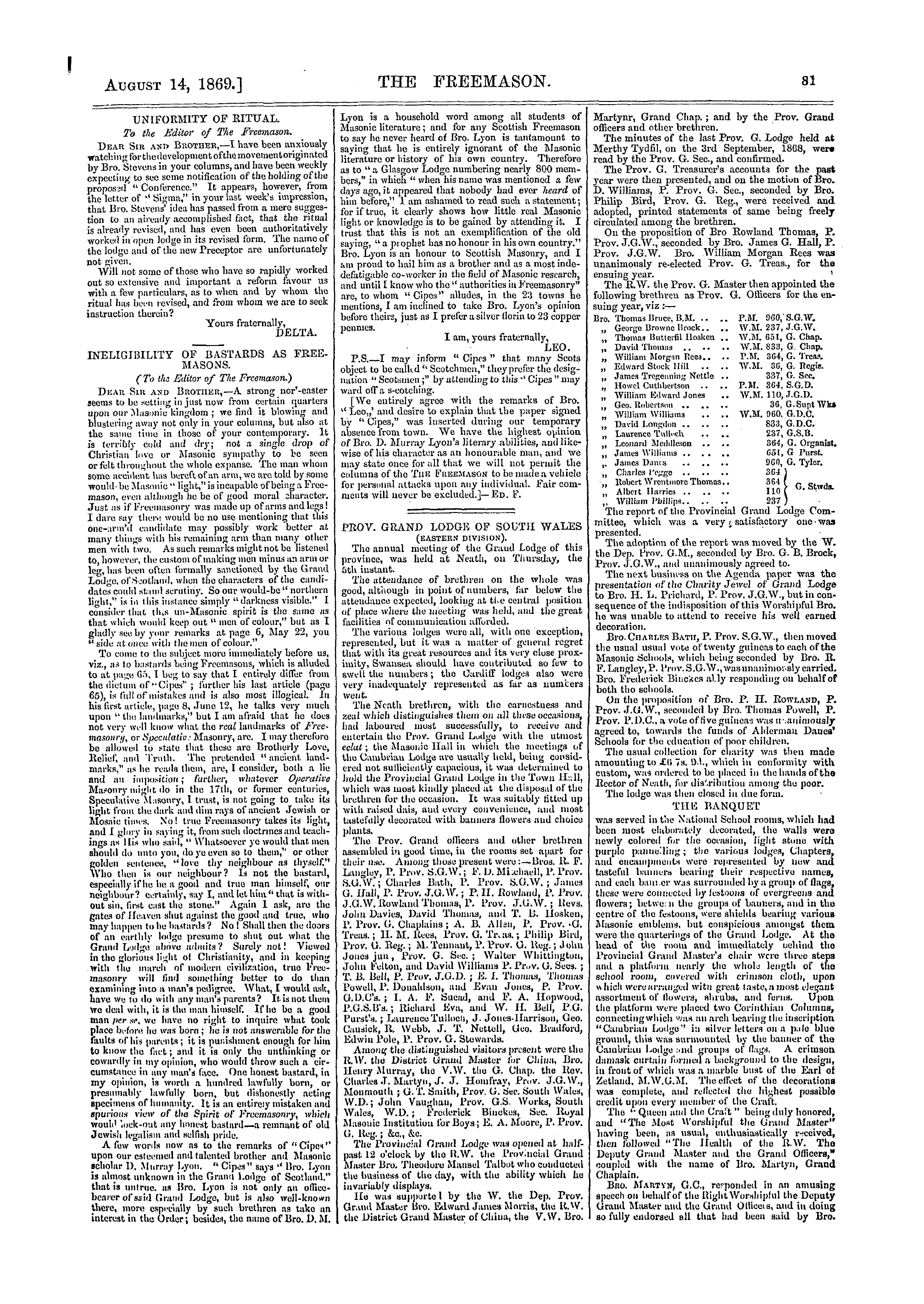 The Freemason: 1869-08-14 - Uniformity Of Ritual