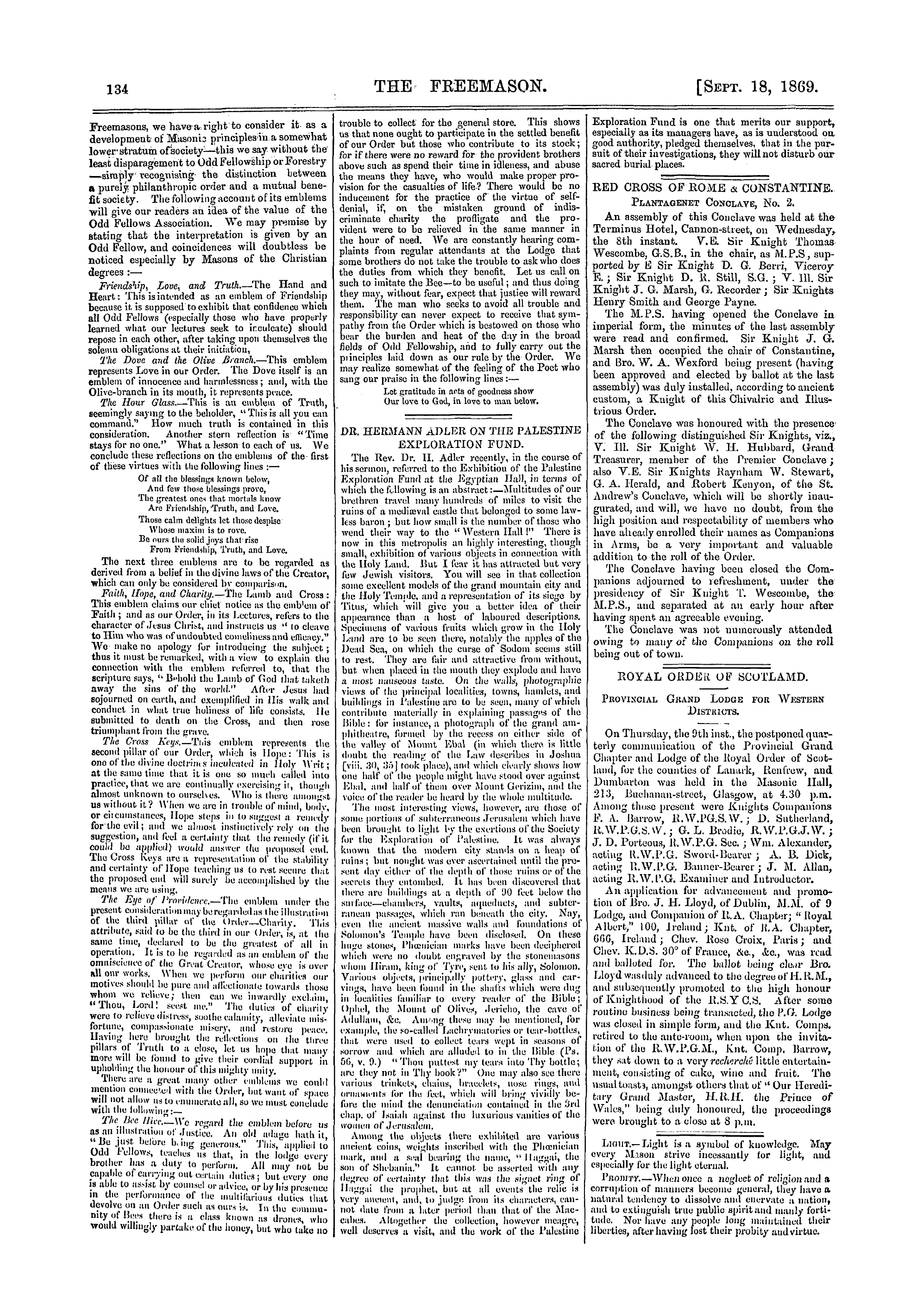 The Freemason: 1869-09-18 - Dr. Hermann Adler On The Palestine Exploration Fund.