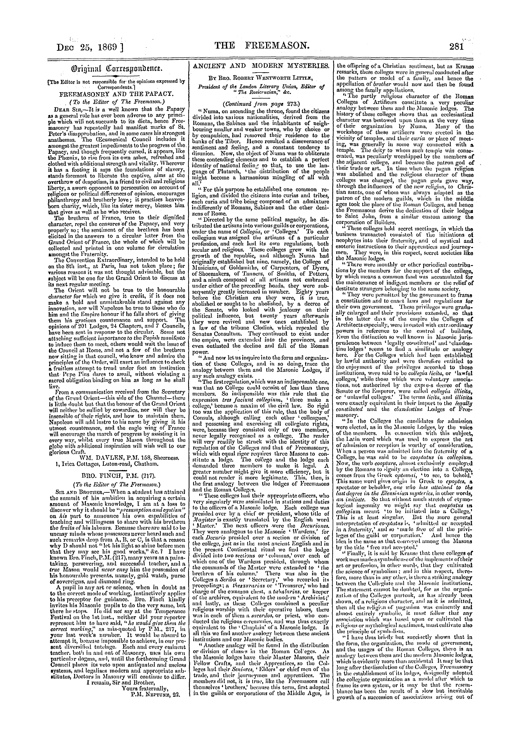 The Freemason: 1869-12-25 - Original Correspondence.