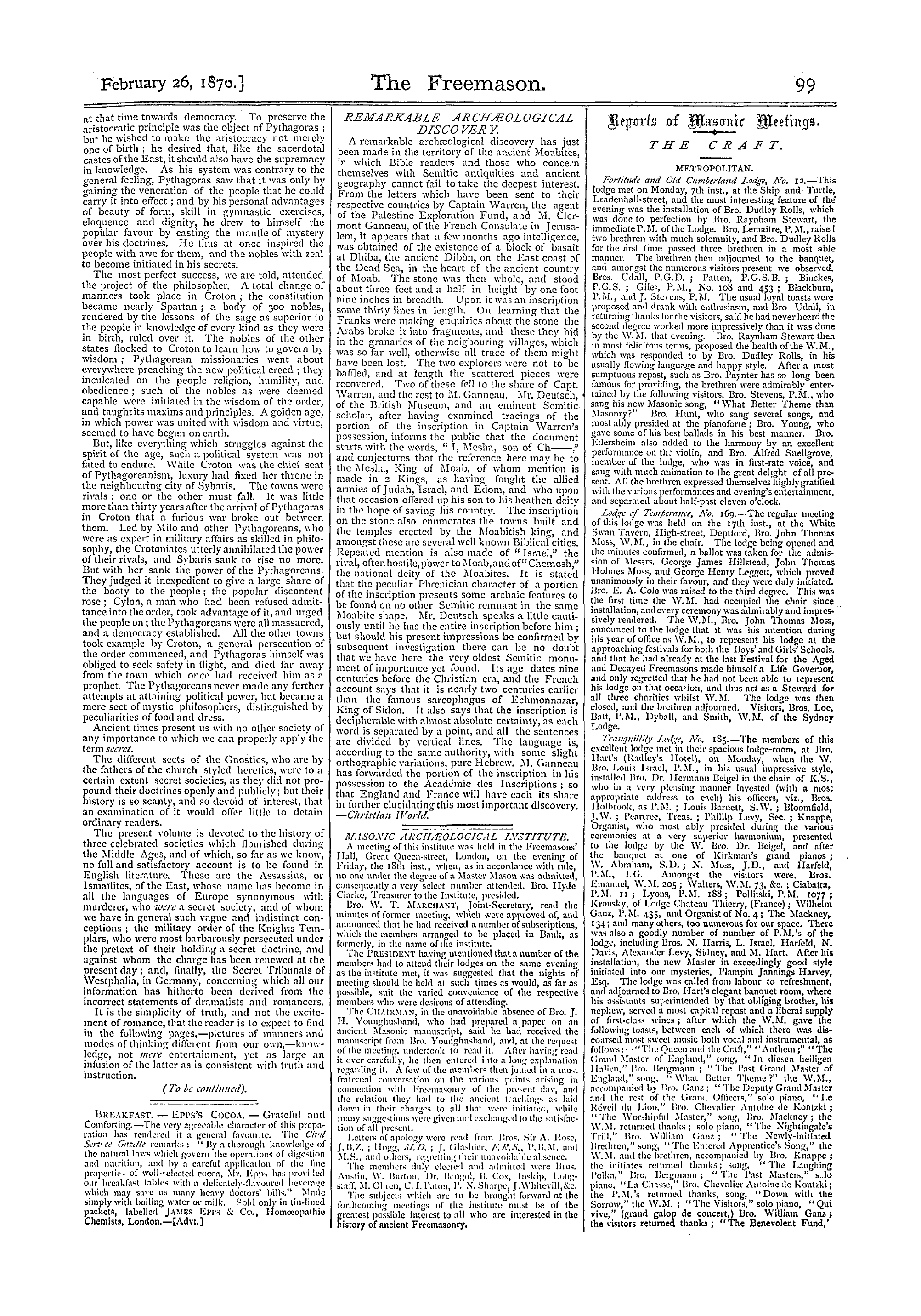 The Freemason: 1870-02-26 - Masonic Arch Æologi Cal Institute.