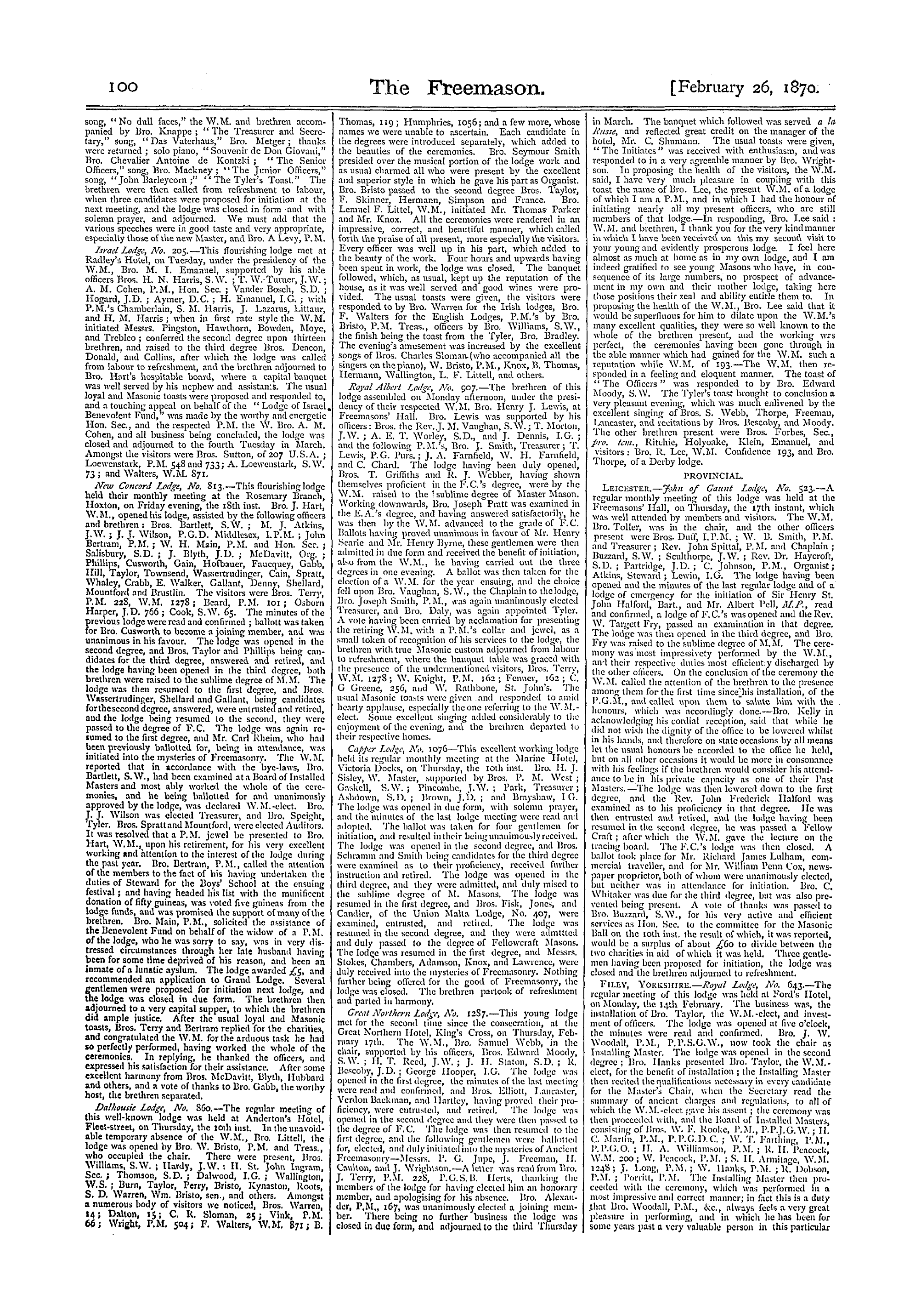 The Freemason: 1870-02-26 - Reports Of Masonic Meetings.