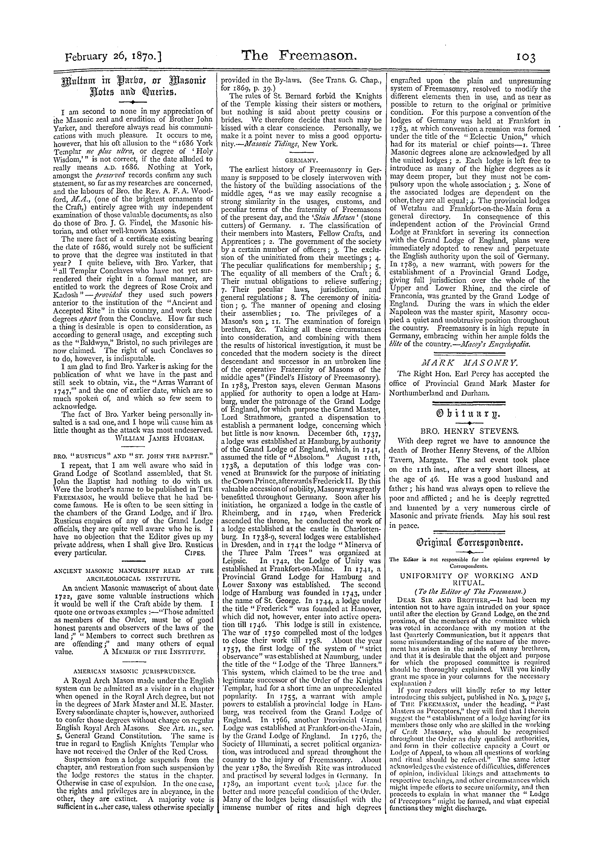 The Freemason: 1870-02-26 - Multum In Parbo, Or Masonic Notes And Queries.