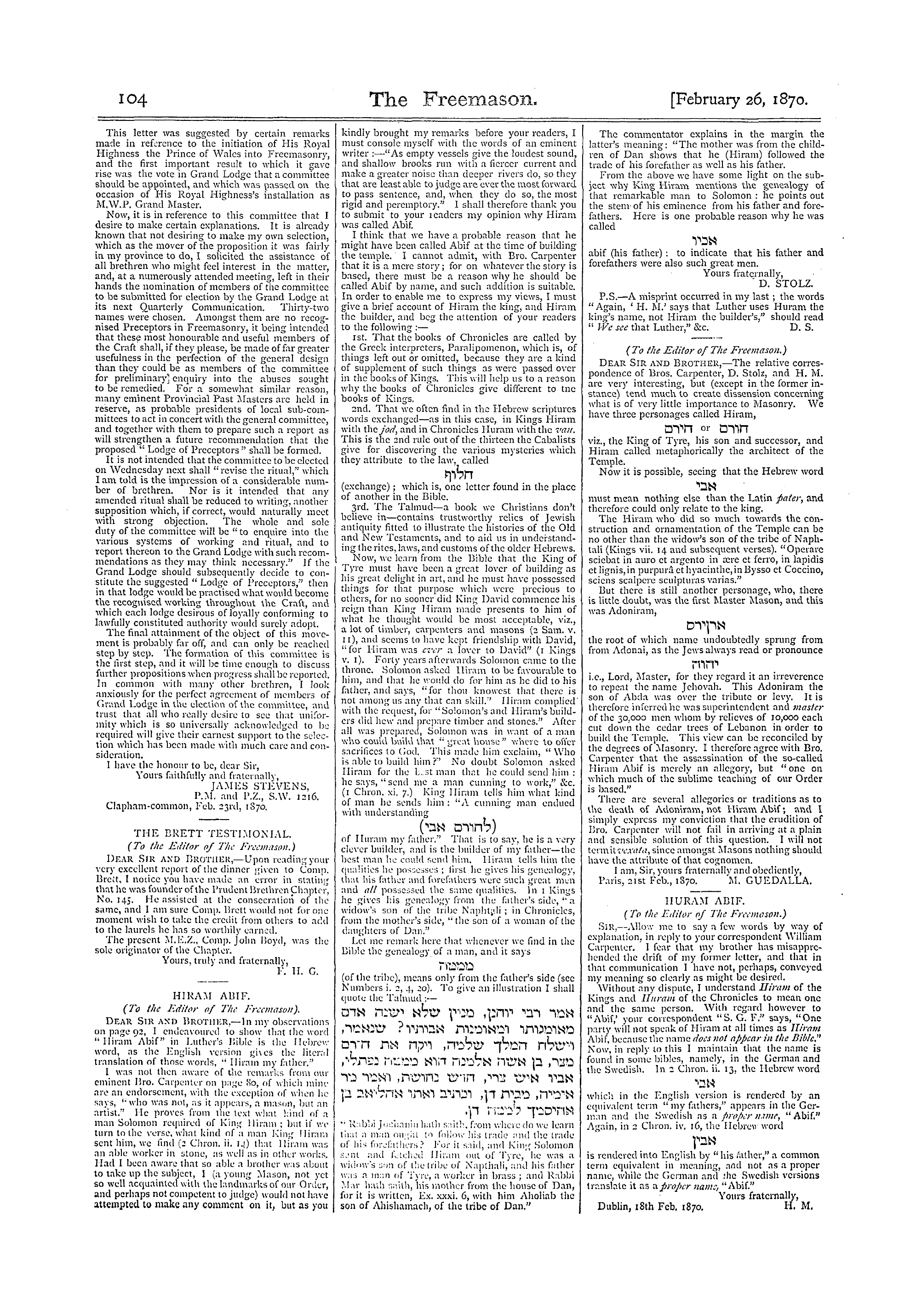 The Freemason: 1870-02-26 - Original Correspondence.