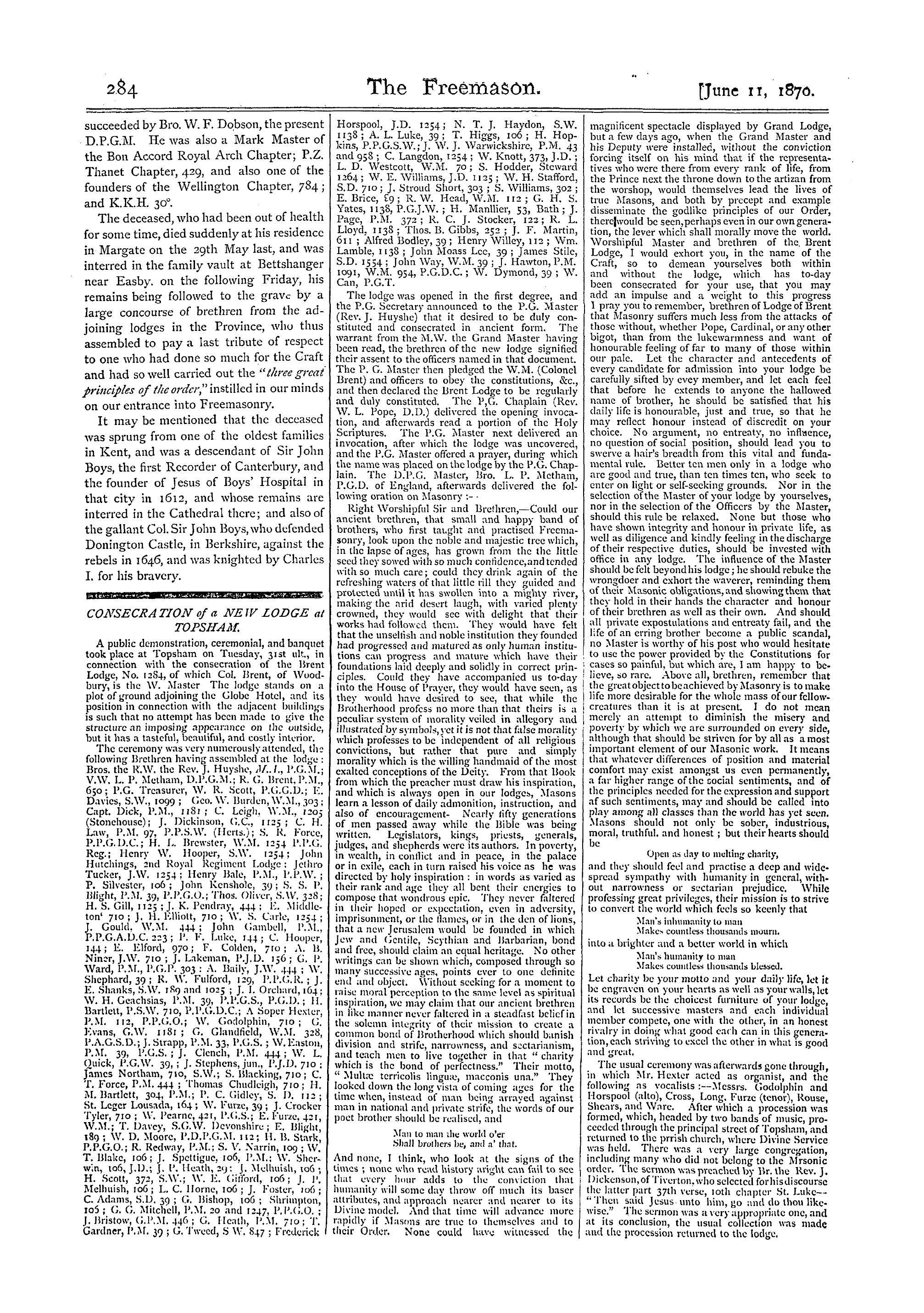 The Freemason: 1870-06-11 - Consecration Of A New Lodge At Topsham.